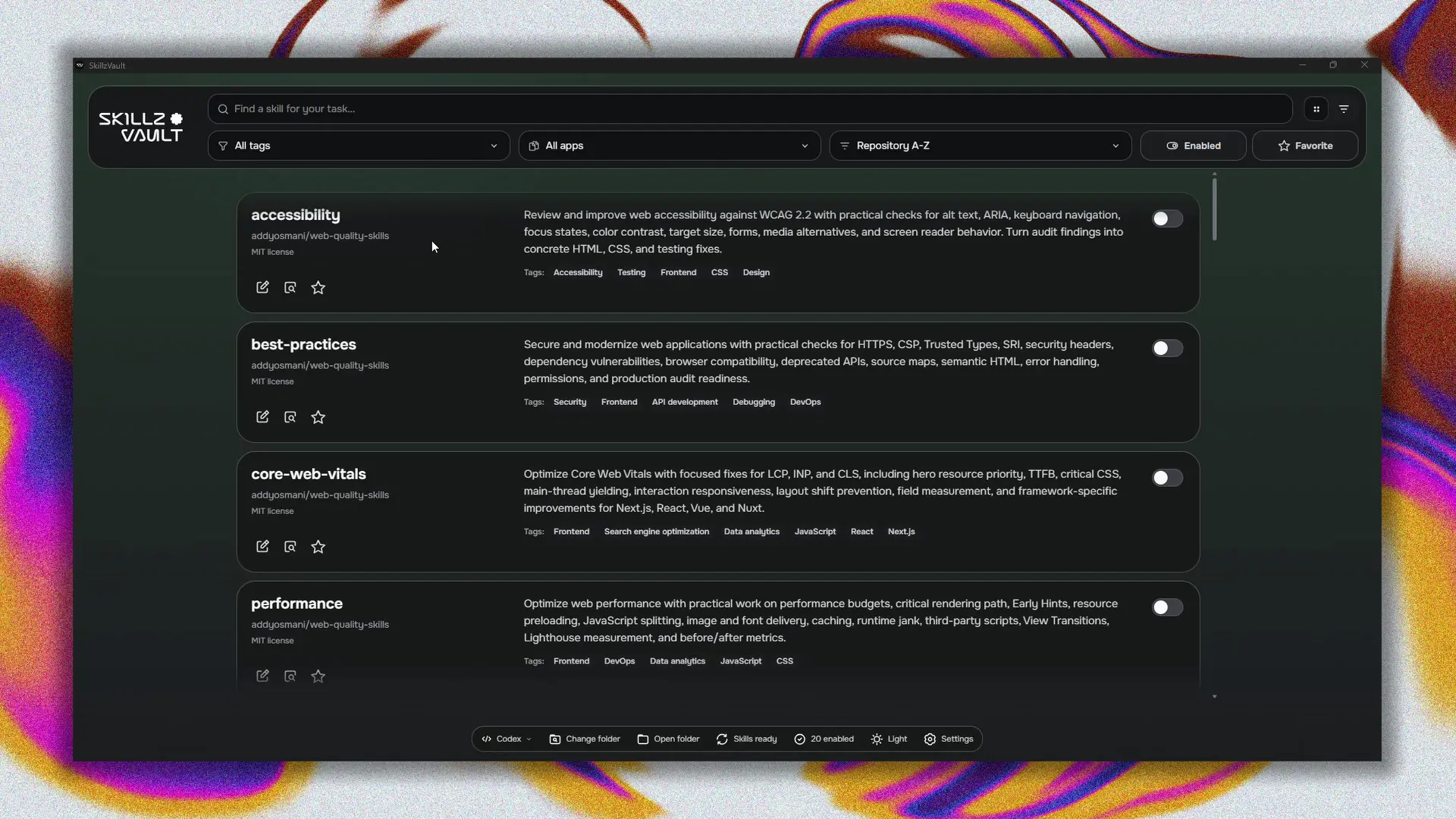 Skillz Vault desktop app displaying a searchable Agent Skill library