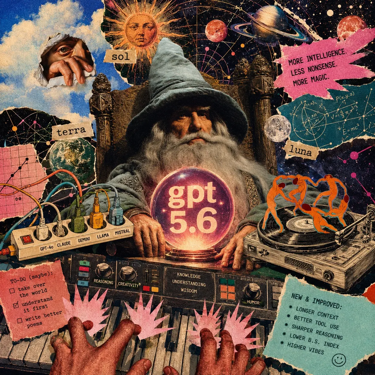 Collage illustration of GPT-5.6 with Sol, Terra, and Luna model names